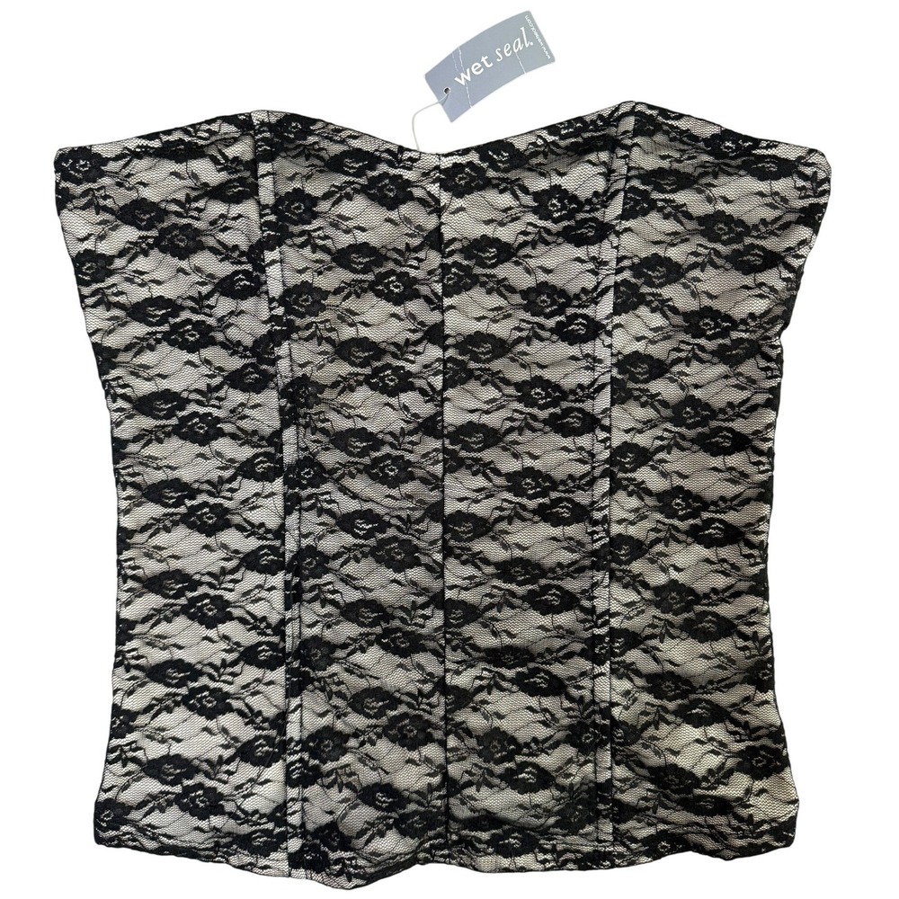 NWT Deadstock Y2K Wet Seal Corset Top Women XL Black Lace Strapless Smocked